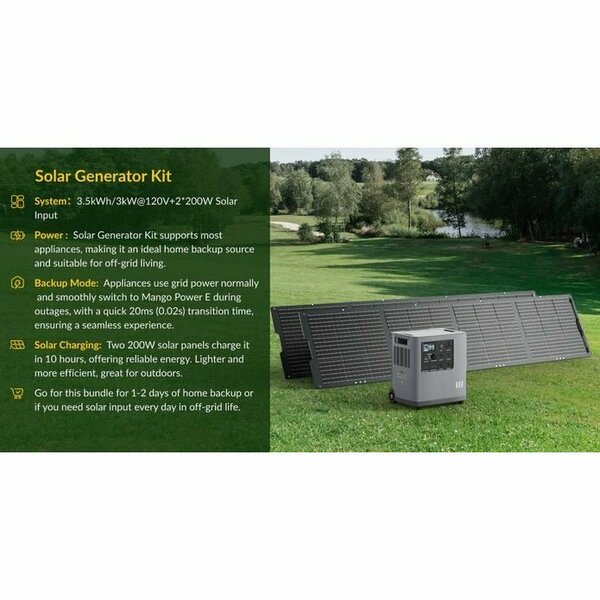 Mango Power E 3.5kw Portable Power Station- Solar Generator Kit with 2x200W  Solar Panels MPE2x36V/200WSP